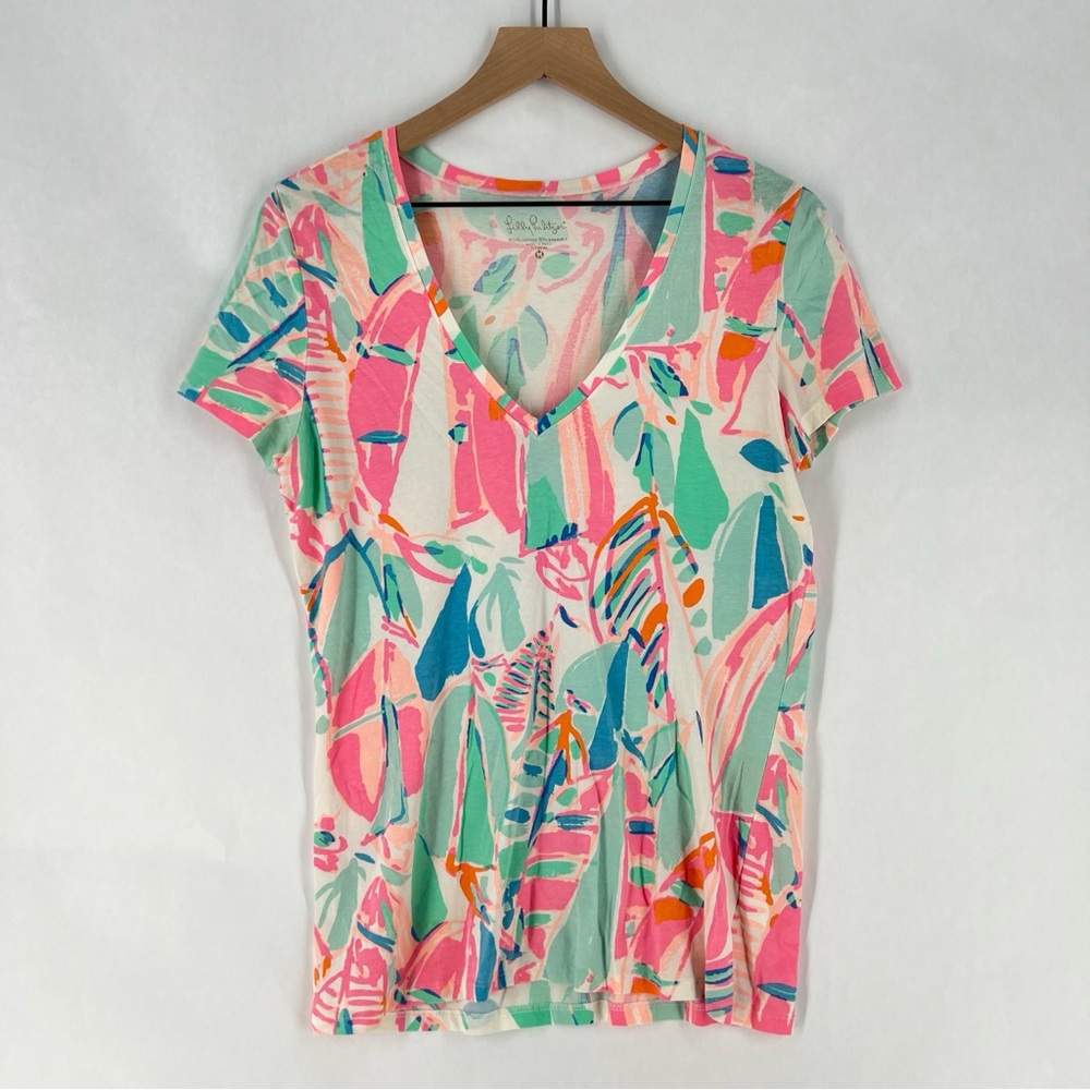 Lilly Pulitzer Stretch Cotton Colorful Pastel V-Neck Women's Short Sleeve‎ Tee M